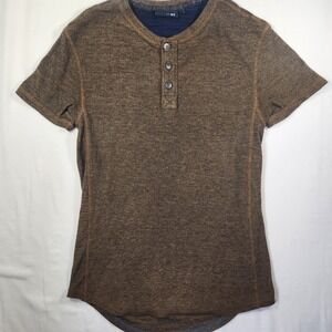 Kolby Mens Brown Marled Textured Short Sleeve Henley Shirt Curved Hem Small